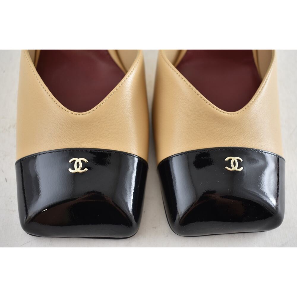 Chanel 26S Blazy Beige Black Square Toe Sling CC Slingback Block Heel Pump 40 - Picture 10 of 16